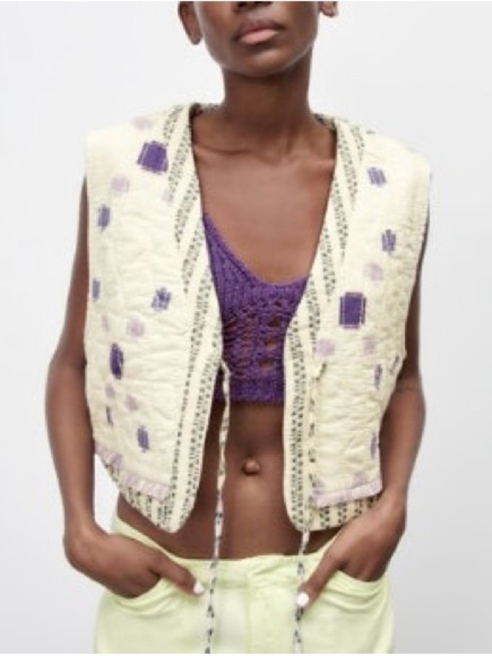 Zara Cream Quilted Vest with Purple Accents